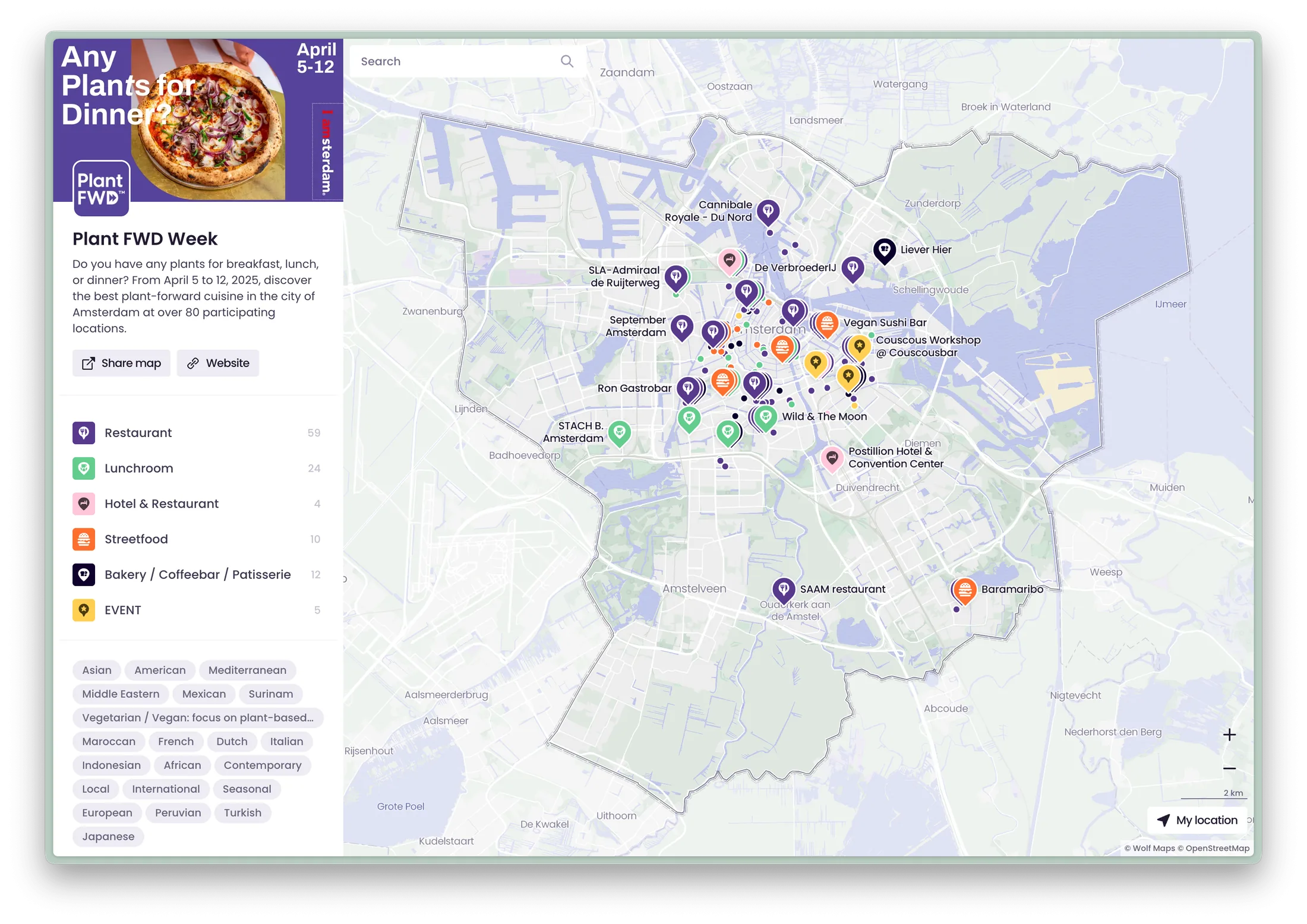 Area boundary of Amsterdam on a Wolf Maps map