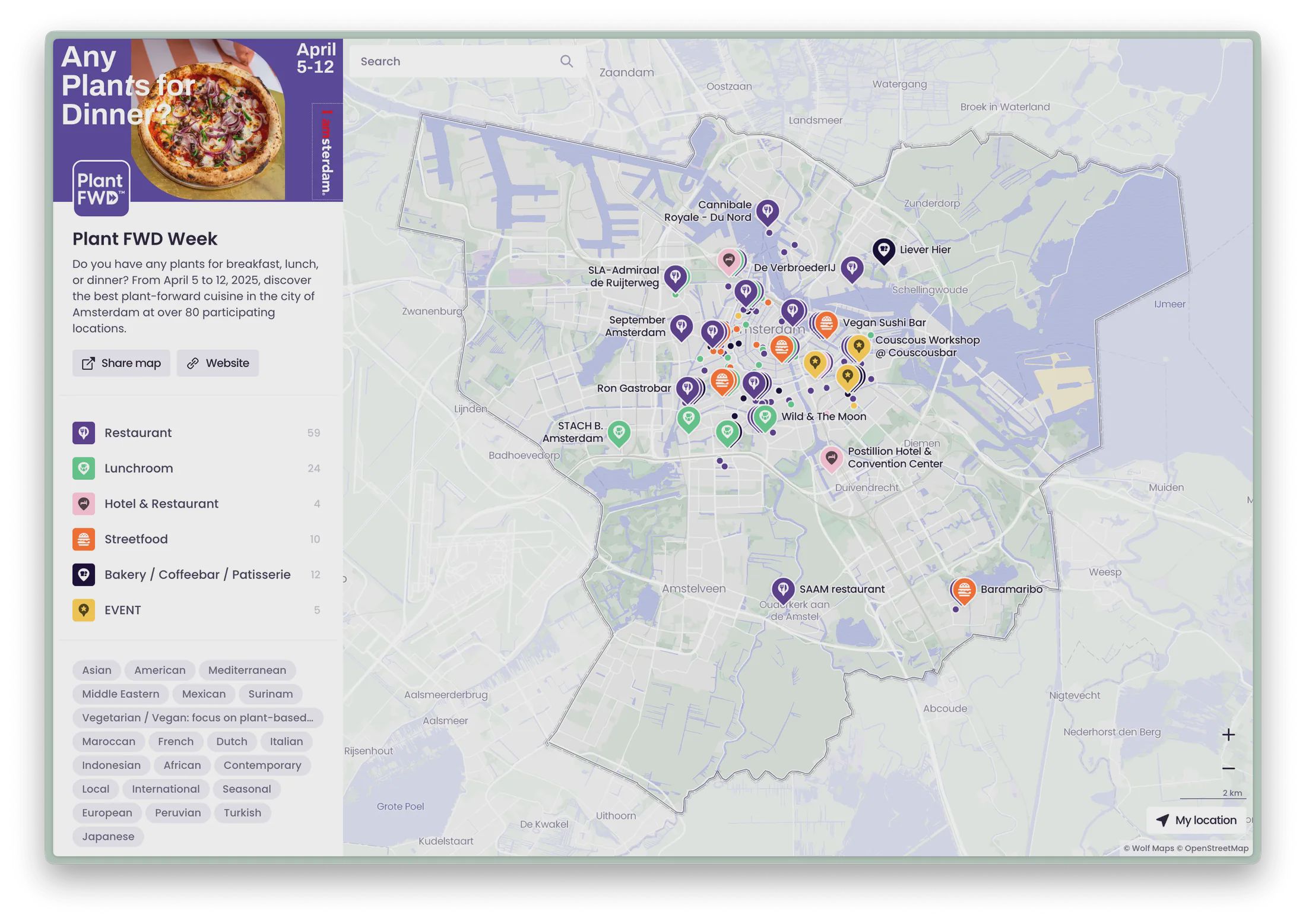 Gebiedsomlijning Amsterdam in de kaart van Plant FWD